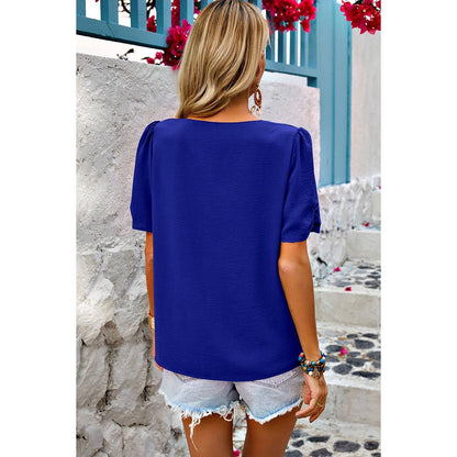 Solid V Neck Chiffon Basic Loose Fit Blouse