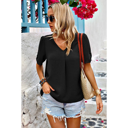 Solid V Neck Chiffon Basic Loose Fit Blouse