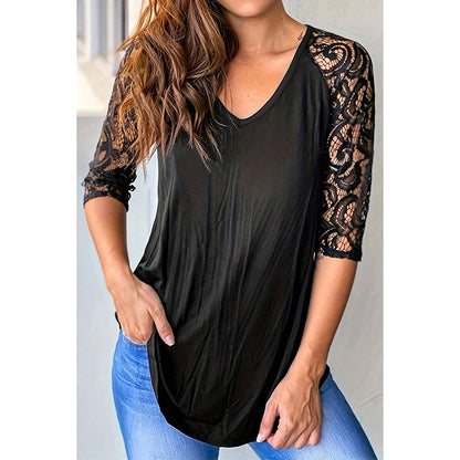 Solid V Neck Color Block Lace Loose Fit Top | Blouse - Women's | F, new arrival, short sleeve top, Top | Elings