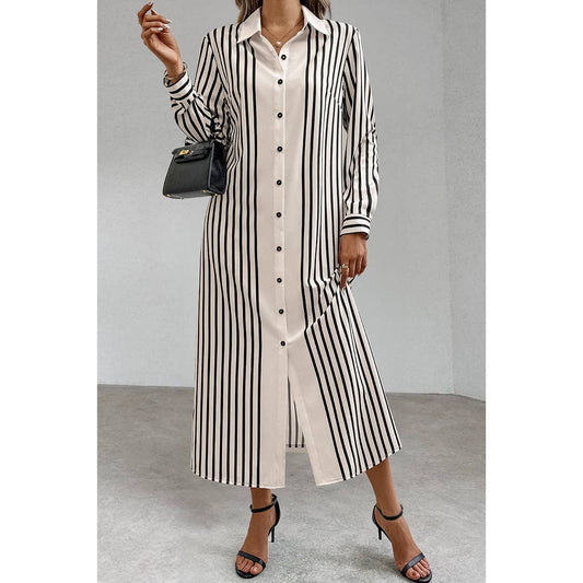 Strip Loose Fit Button Front Open Blouse Dress | Dress - Women's | Dress, F, midi dress, new arrival | Elings