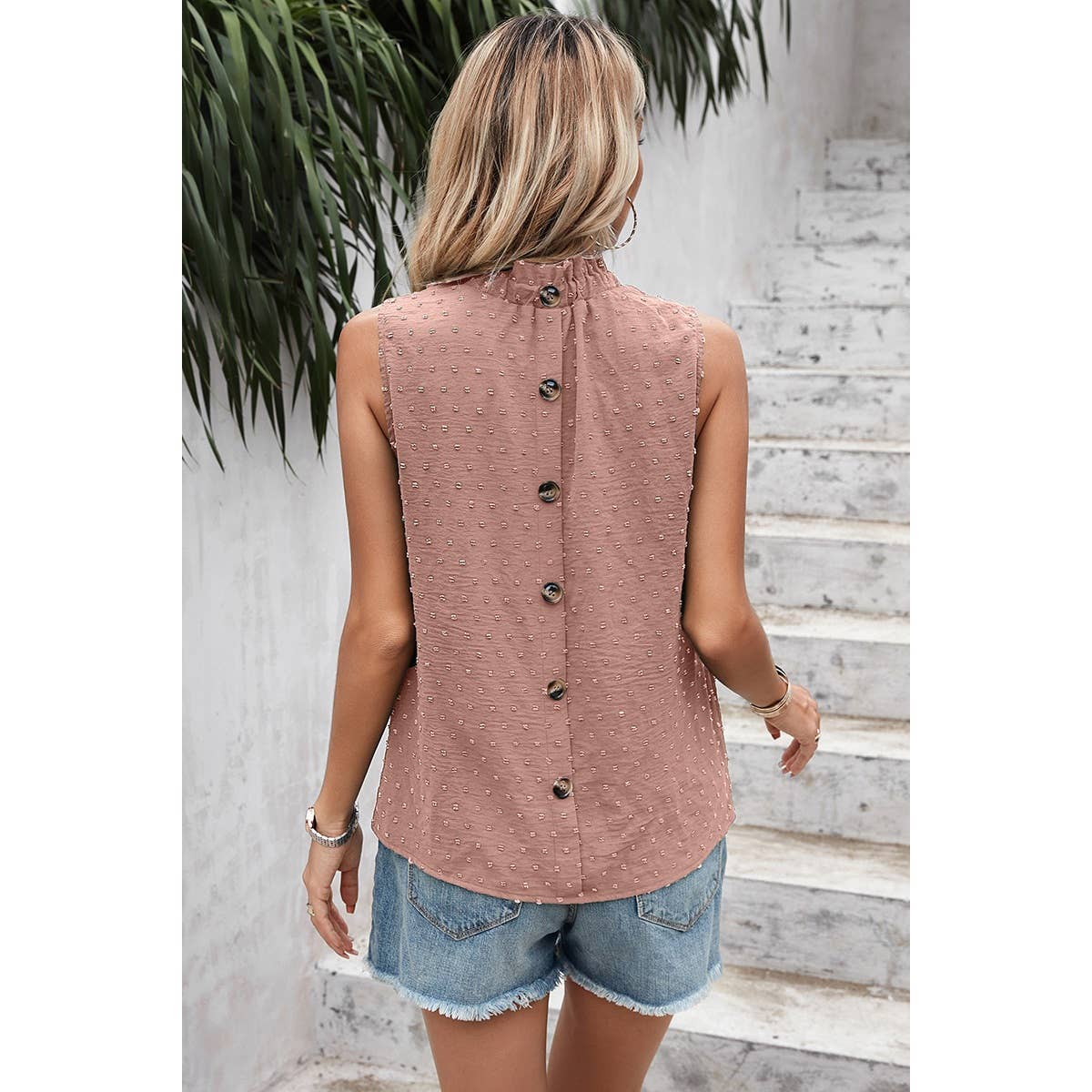 Swiss Dot Button Trim Sleeveless Loose Top - Elings