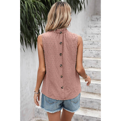 Swiss Dot Button Trim Sleeveless Loose Top - Elings