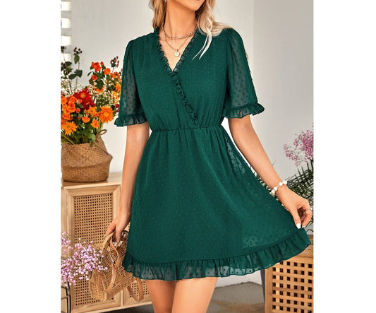 Swiss Dot Frill Trim Puff Sleeve Surplice Dress | Dress - Women's | 2402, above the knee, Dress, F, new arrival, shoppe247 | Elings