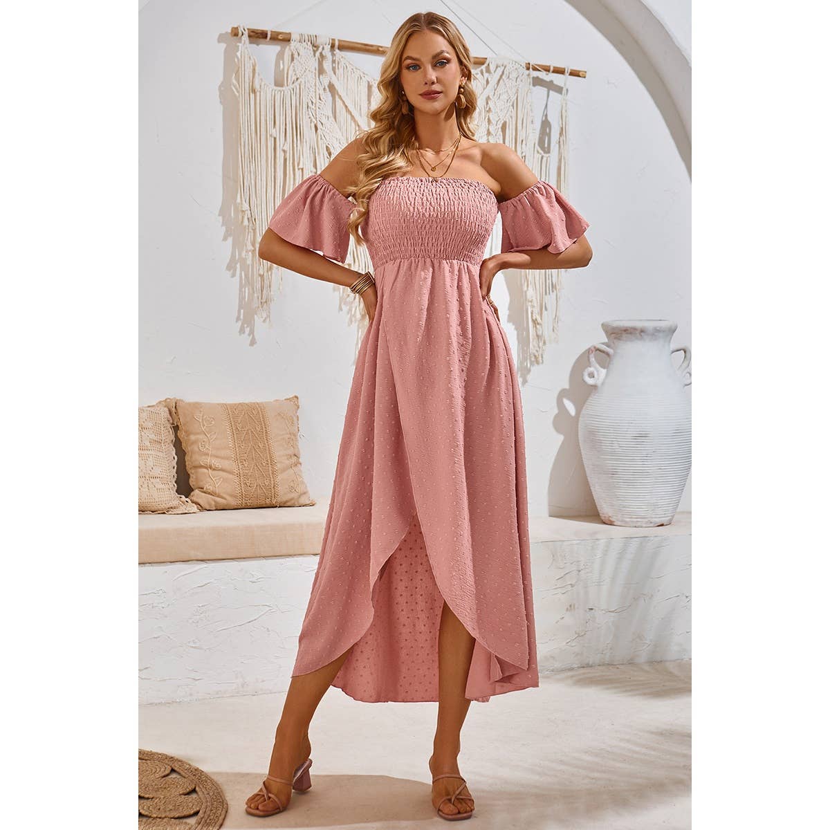 Swiss Dot Off Shoulder Ruched Asymmetric Dress