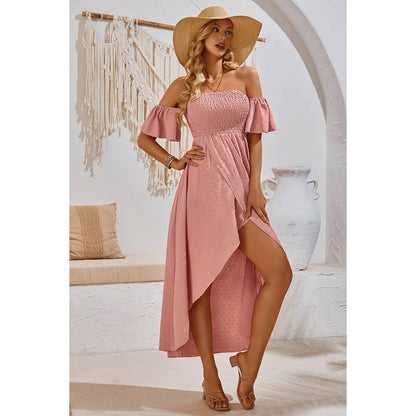 Swiss Dot Off Shoulder Ruched Asymmetric Dress