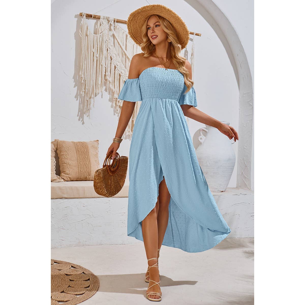 Swiss Dot Off Shoulder Ruched Asymmetric Dress