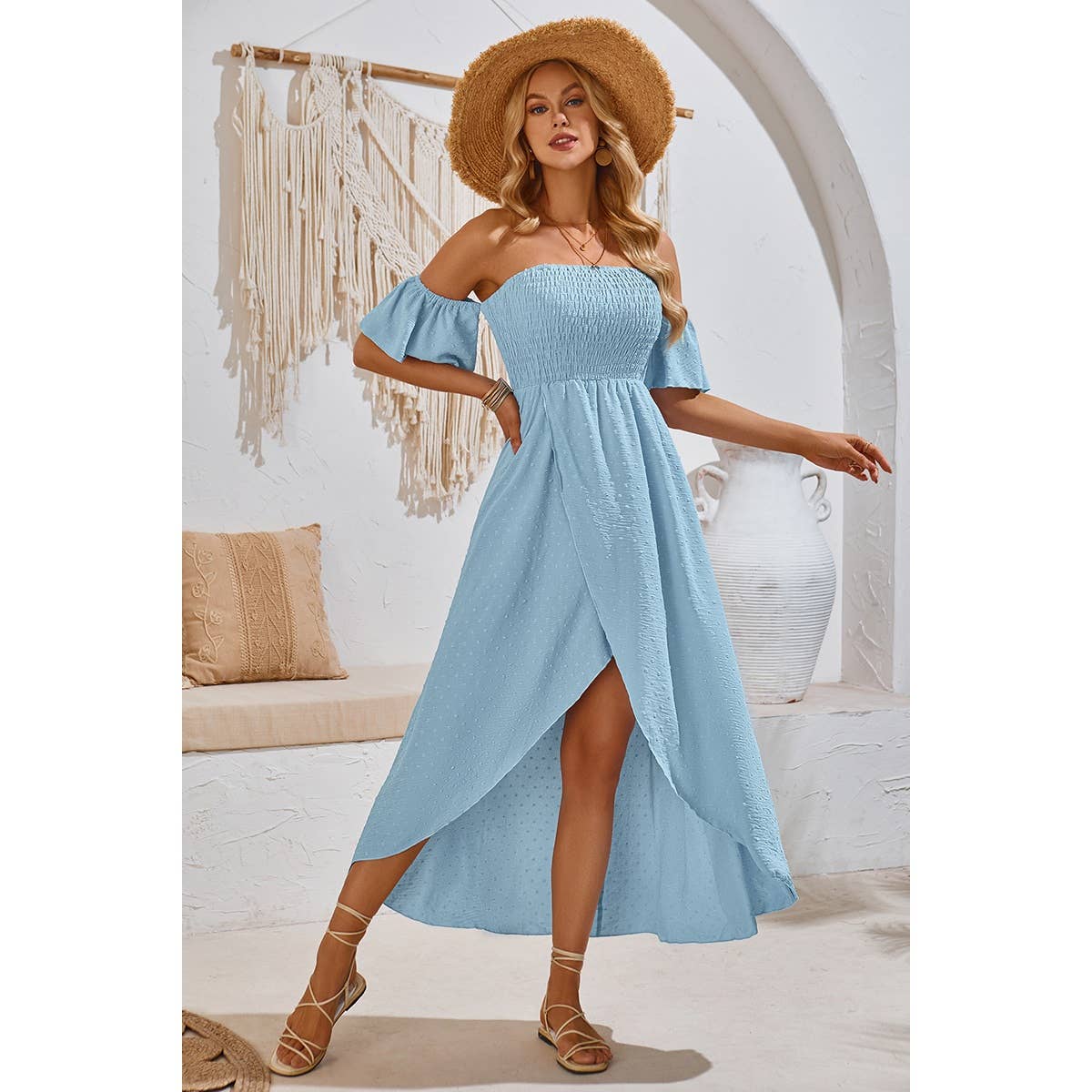 Swiss Dot Off Shoulder Ruched Asymmetric Dress