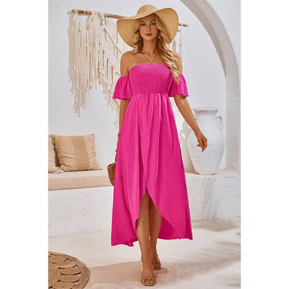 Swiss Dot Off Shoulder Ruched Asymmetric Dress