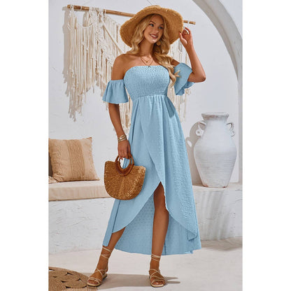 Swiss Dot Off Shoulder Ruched Asymmetric Dress