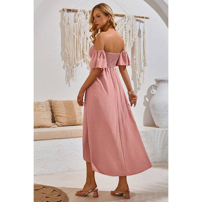 Swiss Dot Off Shoulder Ruched Asymmetric Dress