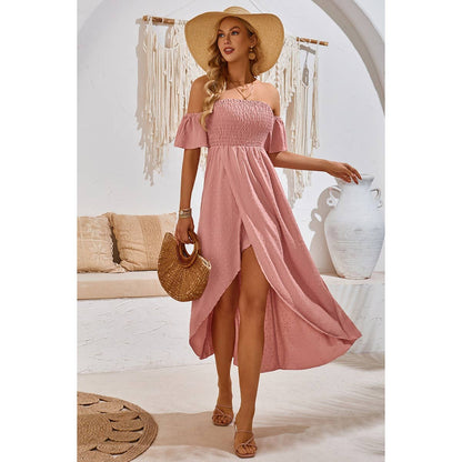 Swiss Dot Off Shoulder Ruched Asymmetric Dress