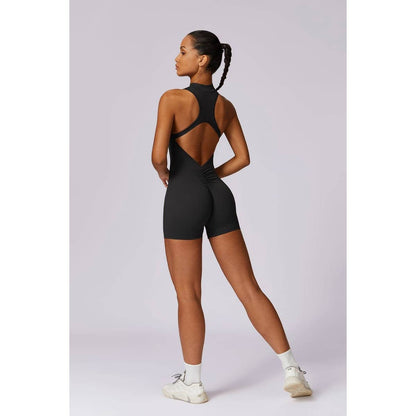 Tie Backless Halter Unitard Half Zipper Romper