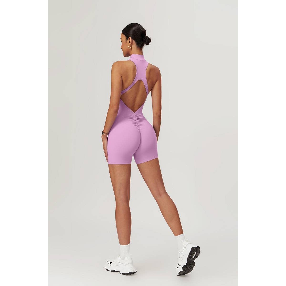 Tie Backless Halter Unitard Half Zipper Romper