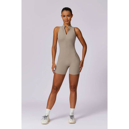 Tie Backless Halter Unitard Half Zipper Romper