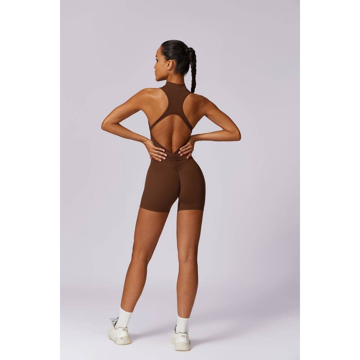 Tie Backless Halter Unitard Half Zipper Romper