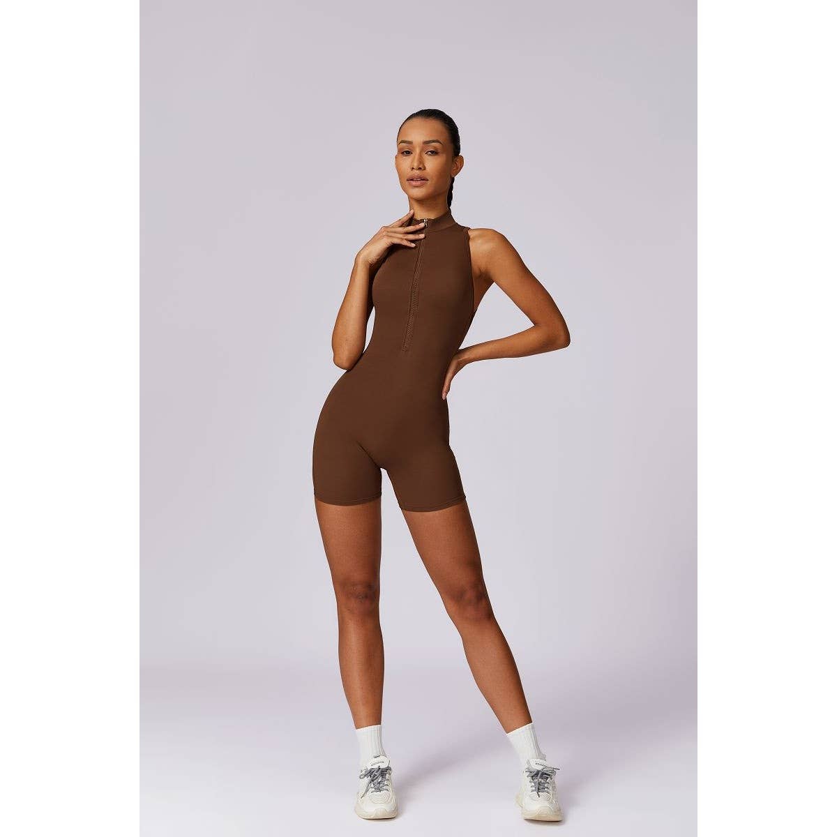 Tie Backless Halter Unitard Half Zipper Romper