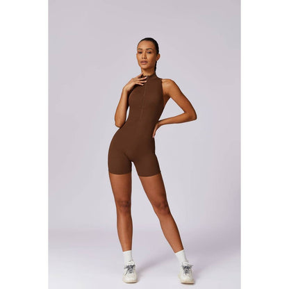 Tie Backless Halter Unitard Half Zipper Romper