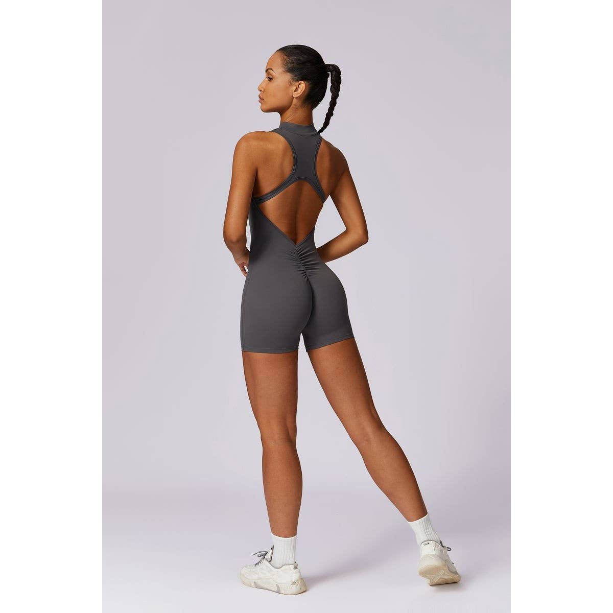 Tie Backless Halter Unitard Half Zipper Romper