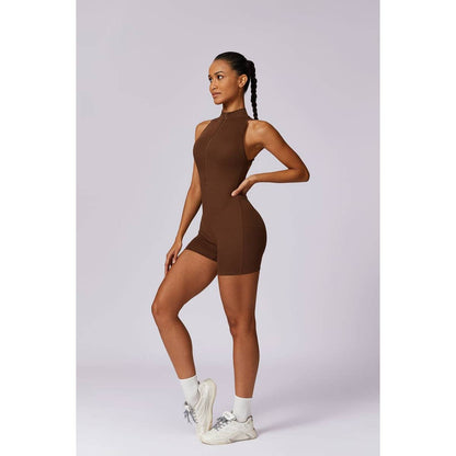 Tie Backless Halter Unitard Half Zipper Romper