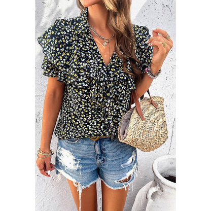 V Neck Heavy Ruffle Ditsy Print Collar Blouse