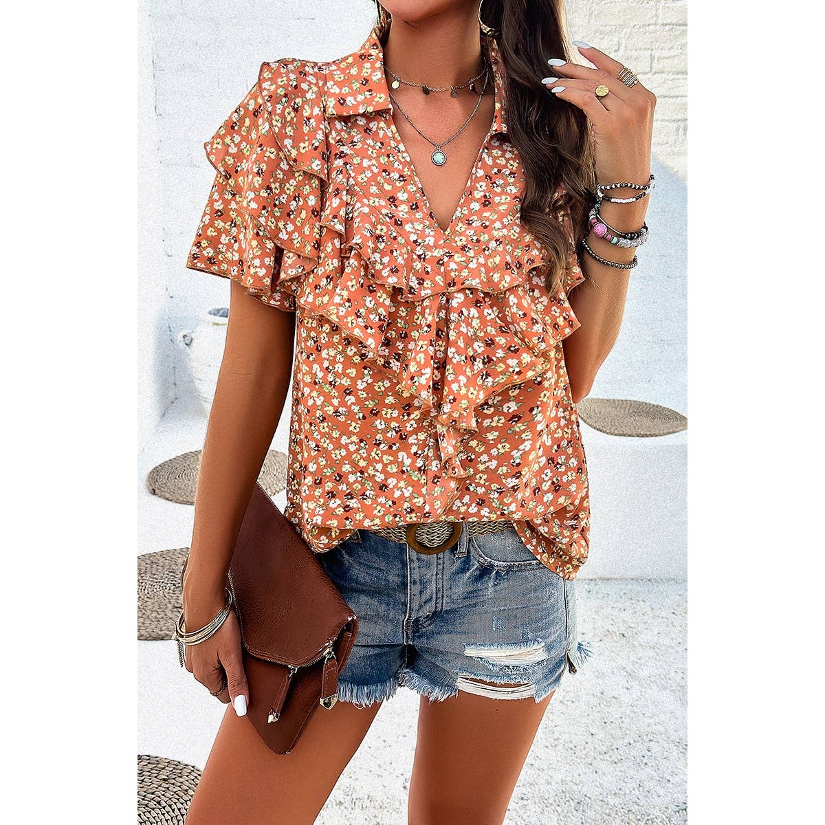 V Neck Heavy Ruffle Ditsy Print Collar Blouse