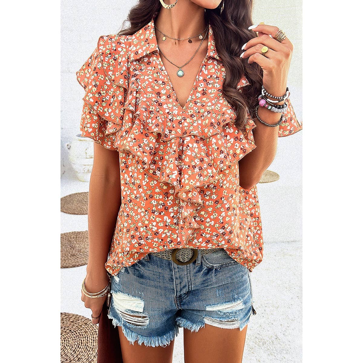 V Neck Heavy Ruffle Ditsy Print Collar Blouse