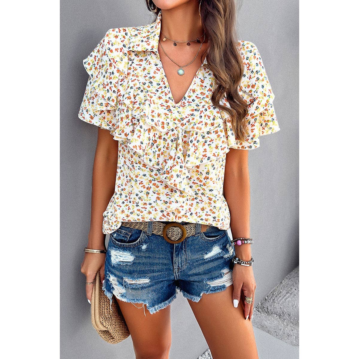 V Neck Heavy Ruffle Ditsy Print Collar Blouse