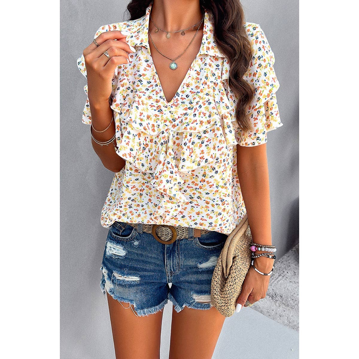 V Neck Heavy Ruffle Ditsy Print Collar Blouse