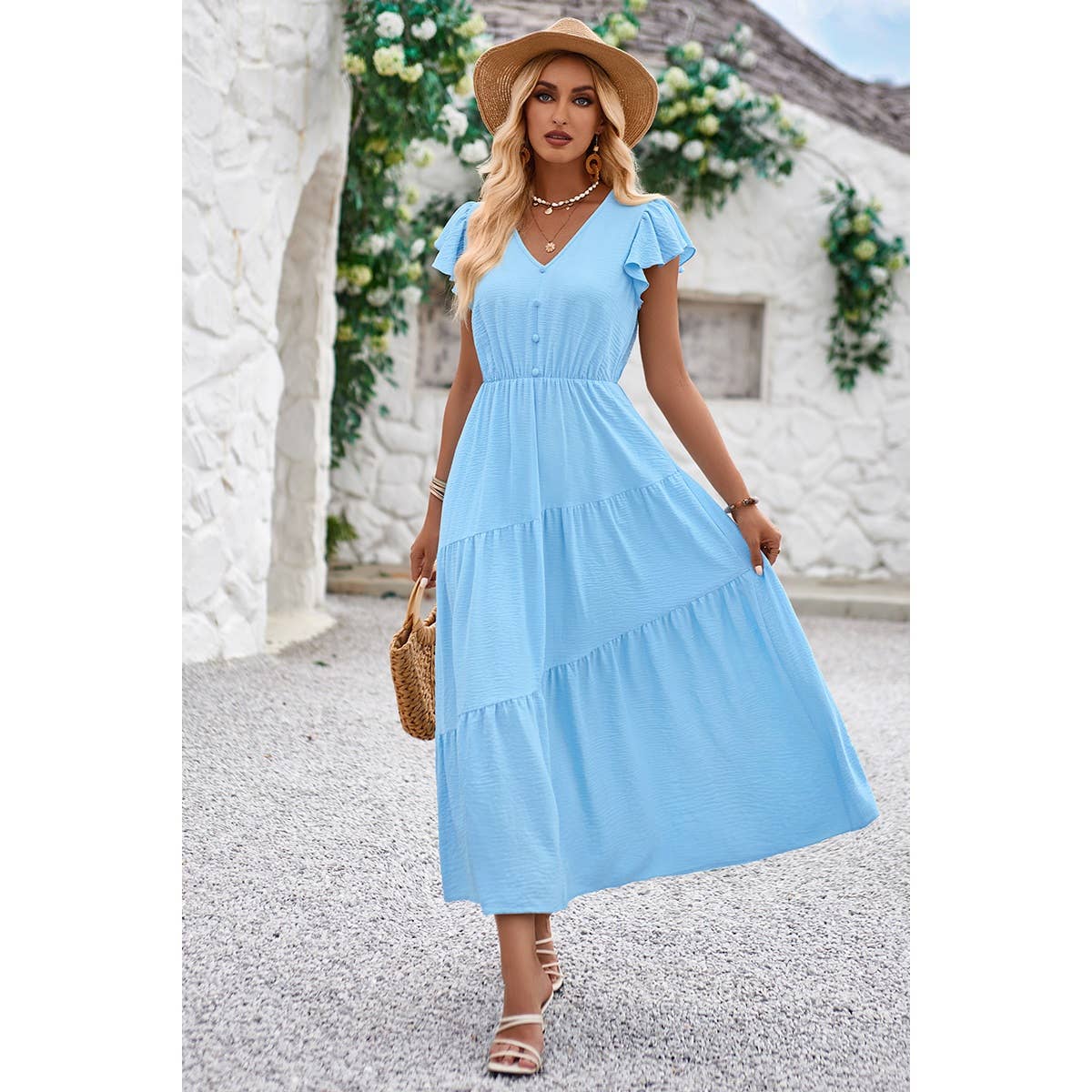 V Neck Long Poplin Dress With Flounces - Elings