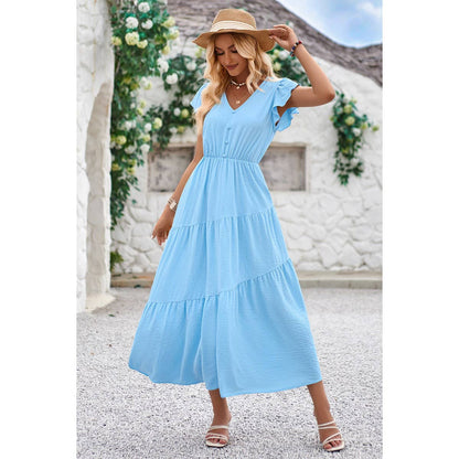 V Neck Long Poplin Dress With Flounces - Elings