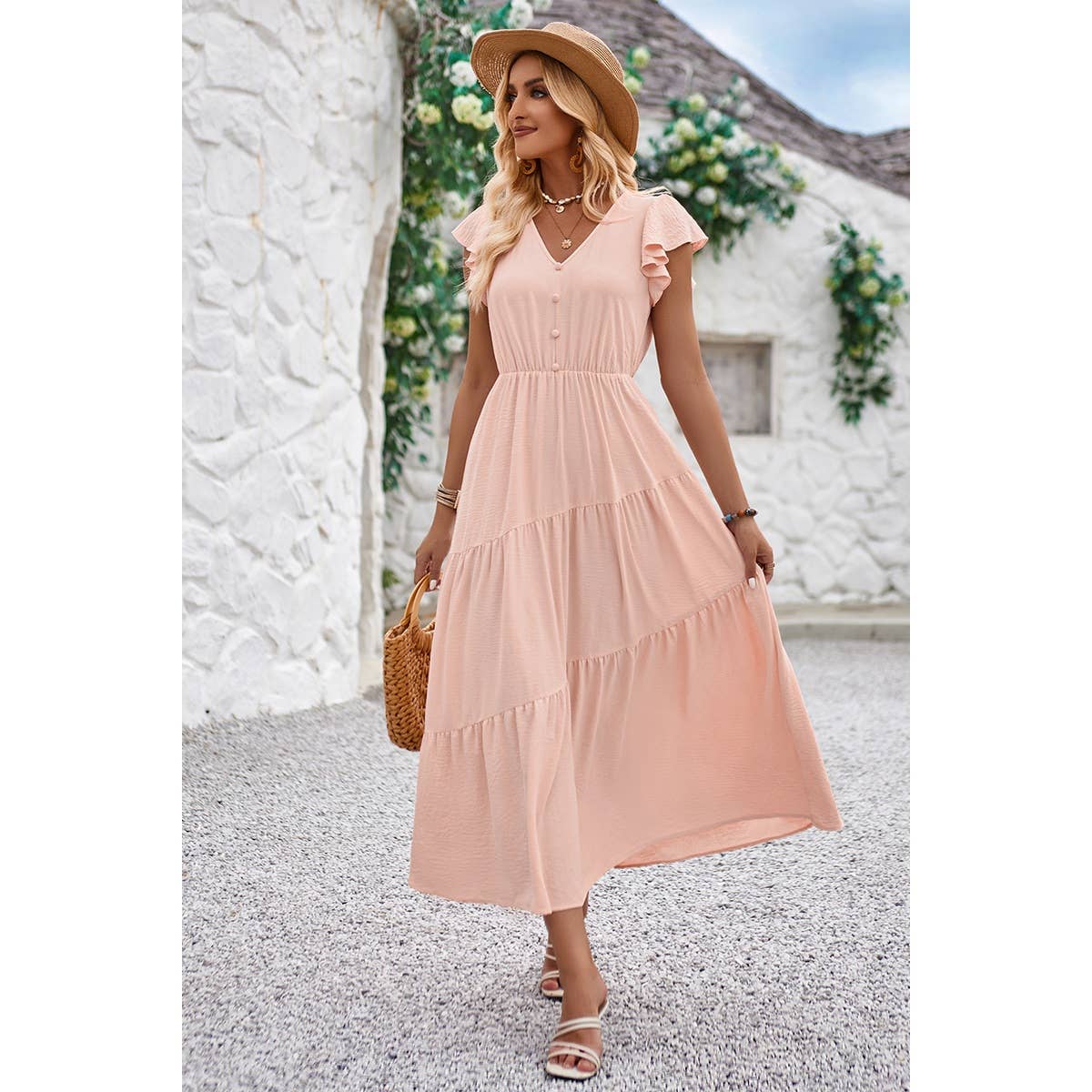 V Neck Long Poplin Dress With Flounces - Elings