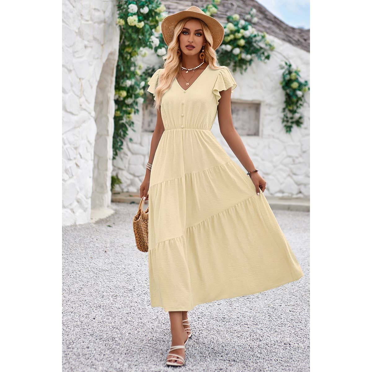 V Neck Long Poplin Dress With Flounces - Elings