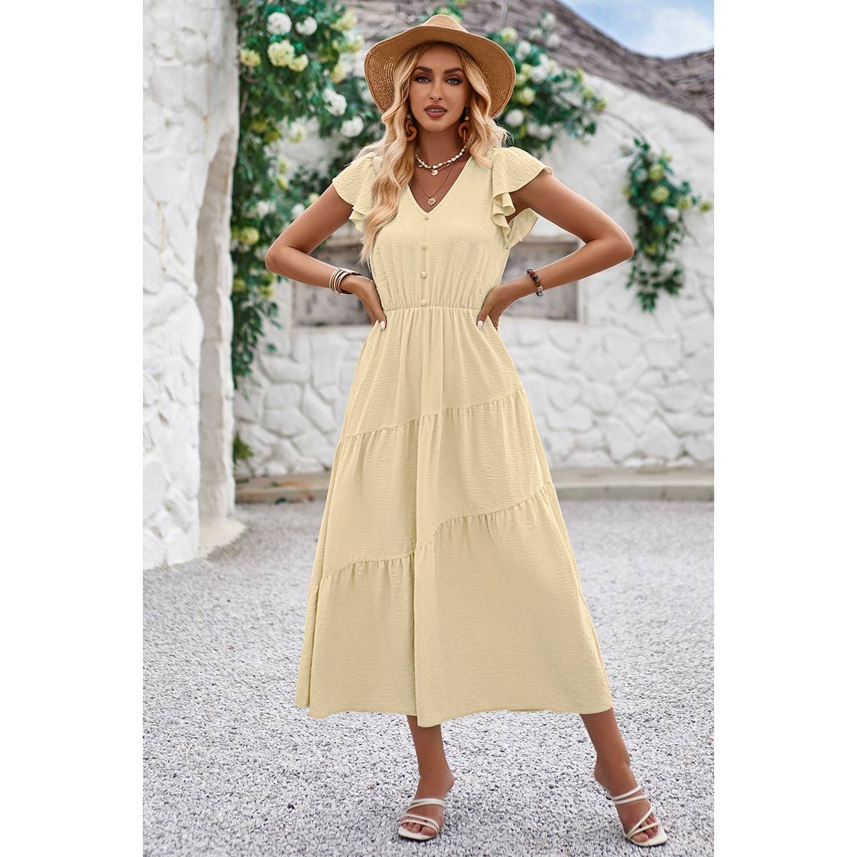 V Neck Long Poplin Dress With Flounces - Elings