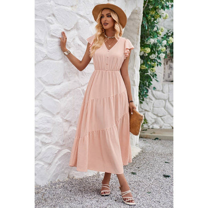 V Neck Long Poplin Dress With Flounces - Elings