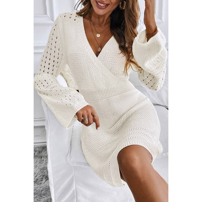 V Neck Loose Sleeve Hollow Knit Sweater Dress