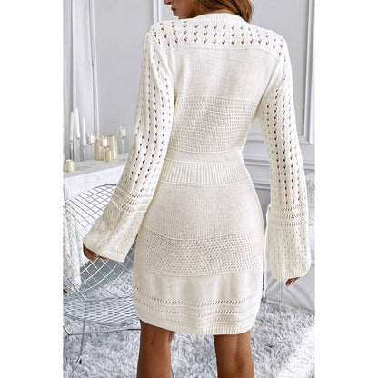 V Neck Loose Sleeve Hollow Knit Sweater Dress