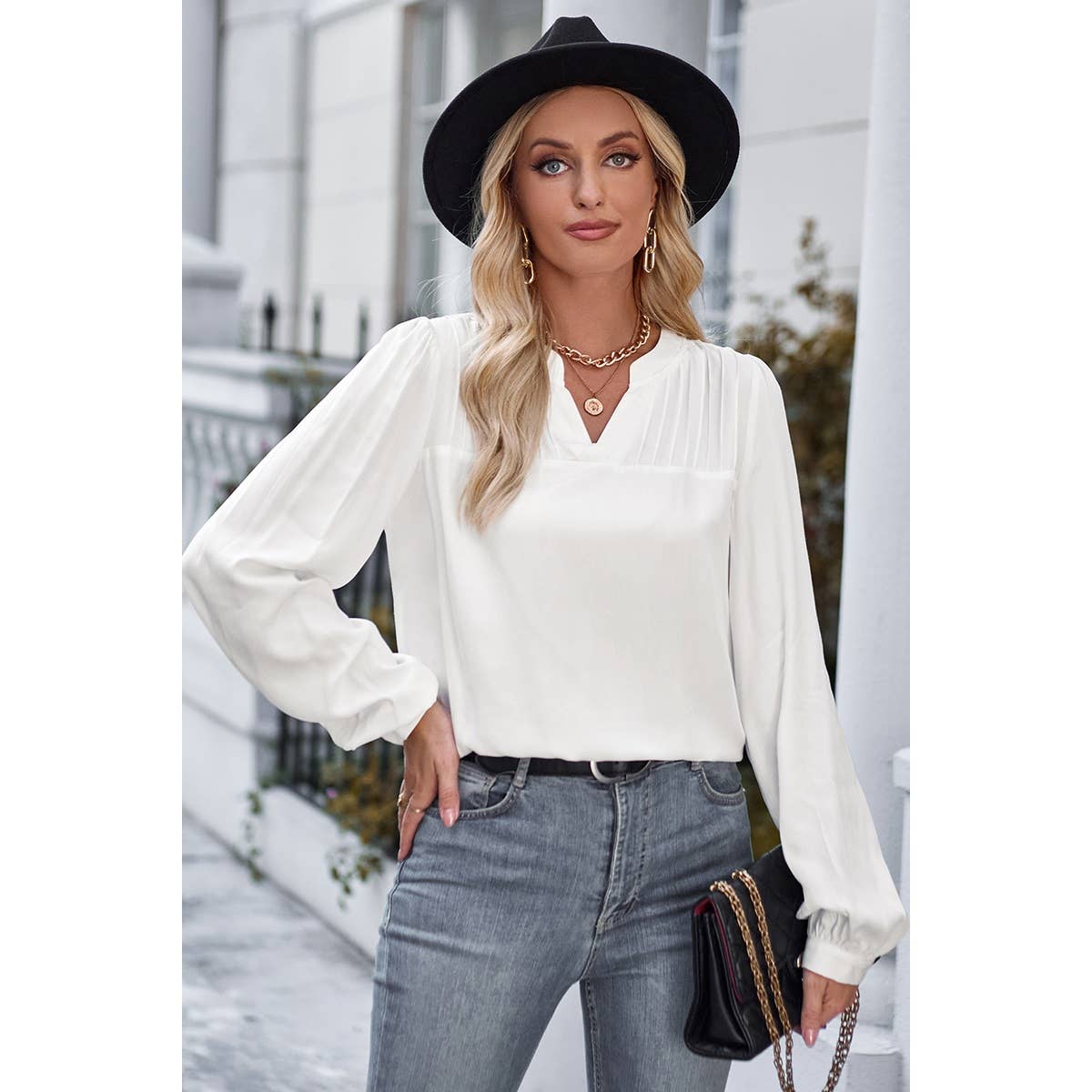 V Neck Ruched Wide Sleeve Loose Fit Solid Blouse - Elings