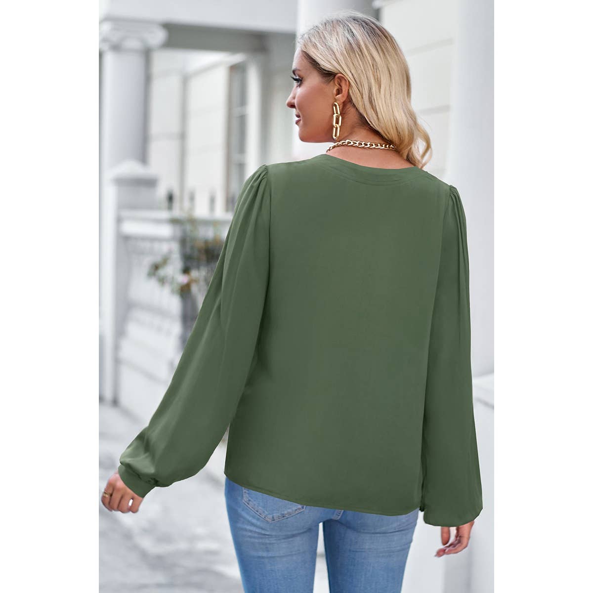 V Neck Ruched Wide Sleeve Loose Fit Solid Blouse - Elings