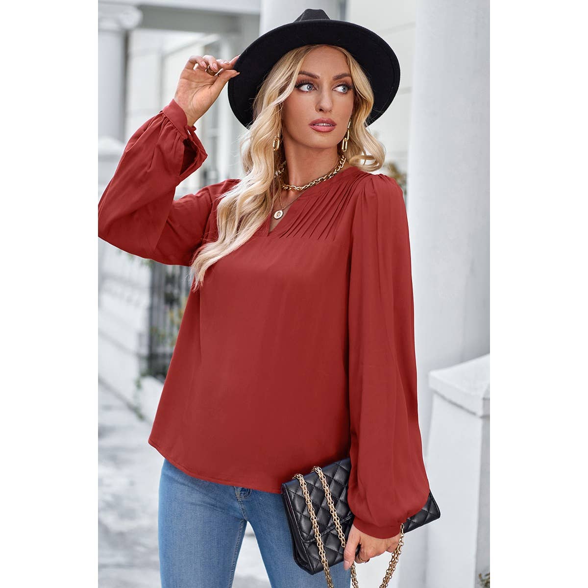 V Neck Ruched Wide Sleeve Loose Fit Solid Blouse - Elings