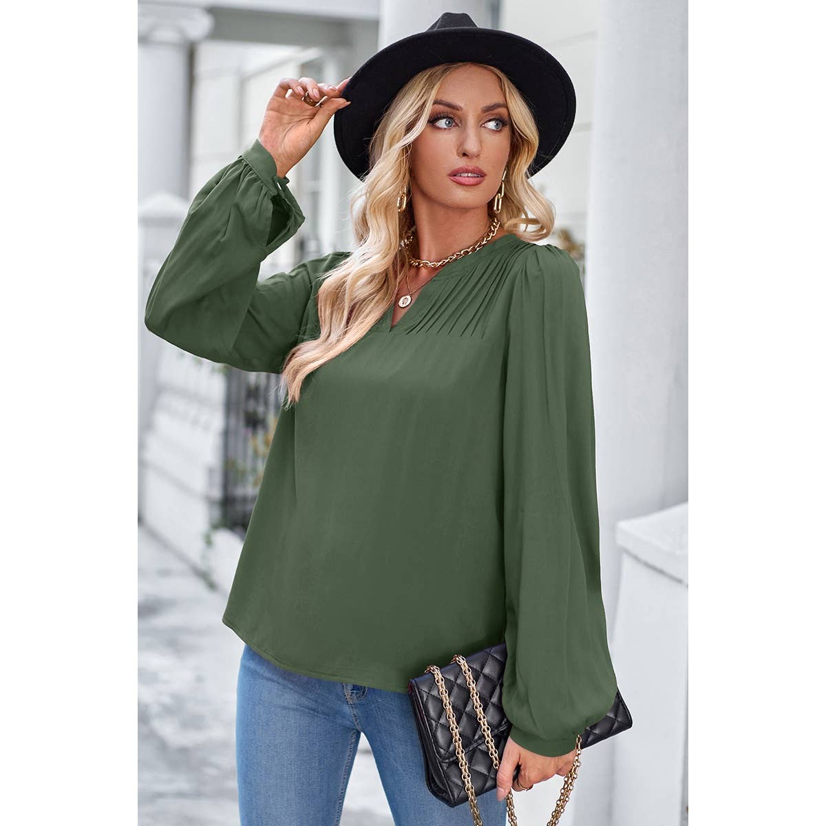 V Neck Ruched Wide Sleeve Loose Fit Solid Blouse - Elings