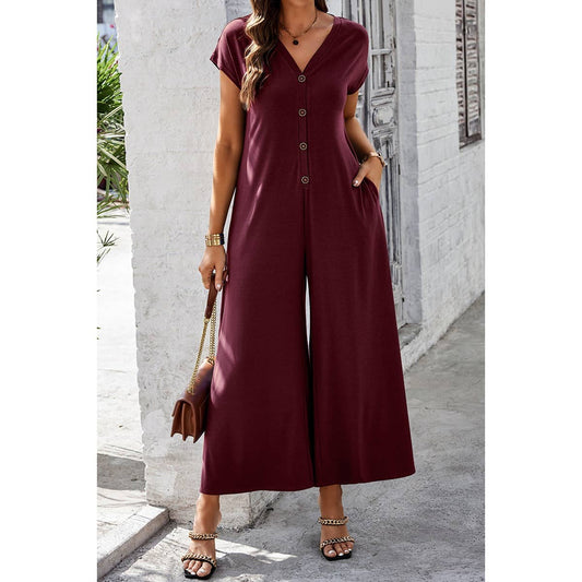 Wide Leg Button Trim Pockets V Neck Jumpsuit | Jumpsuit - Women's | F, jumpsuit, Jumpsuit and Romper, new arrival | Elings